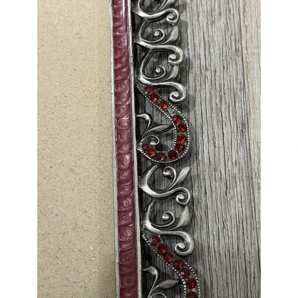 Vtg. Gothic Romantic Victorian Silver Filagree Frame With Red Rhinestone Border
